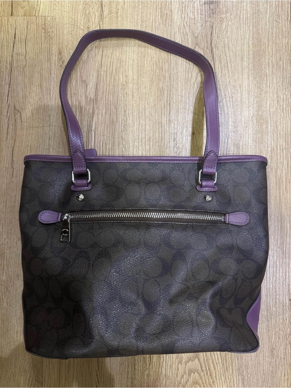 Coach Brown Signature Tote with Purple Trim and Straps